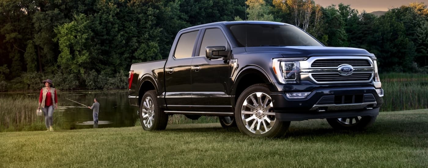 Blue 2021 Ford F-150 parked along a river