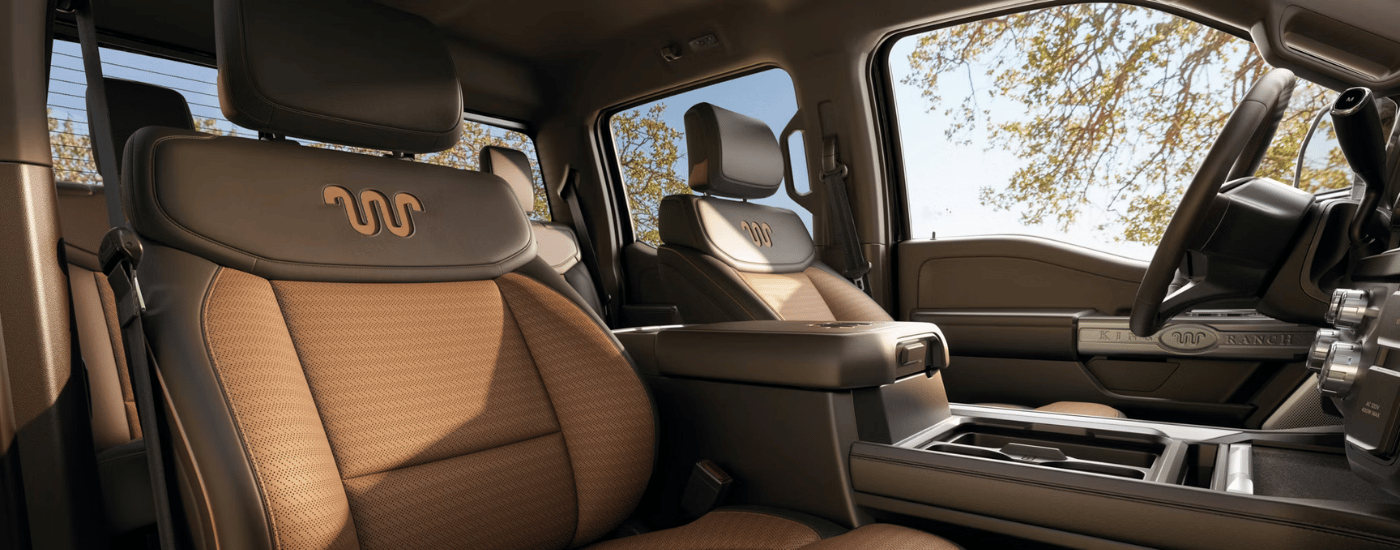 Brown leather King Ranch interior of a 2026 Ford F-250 SD